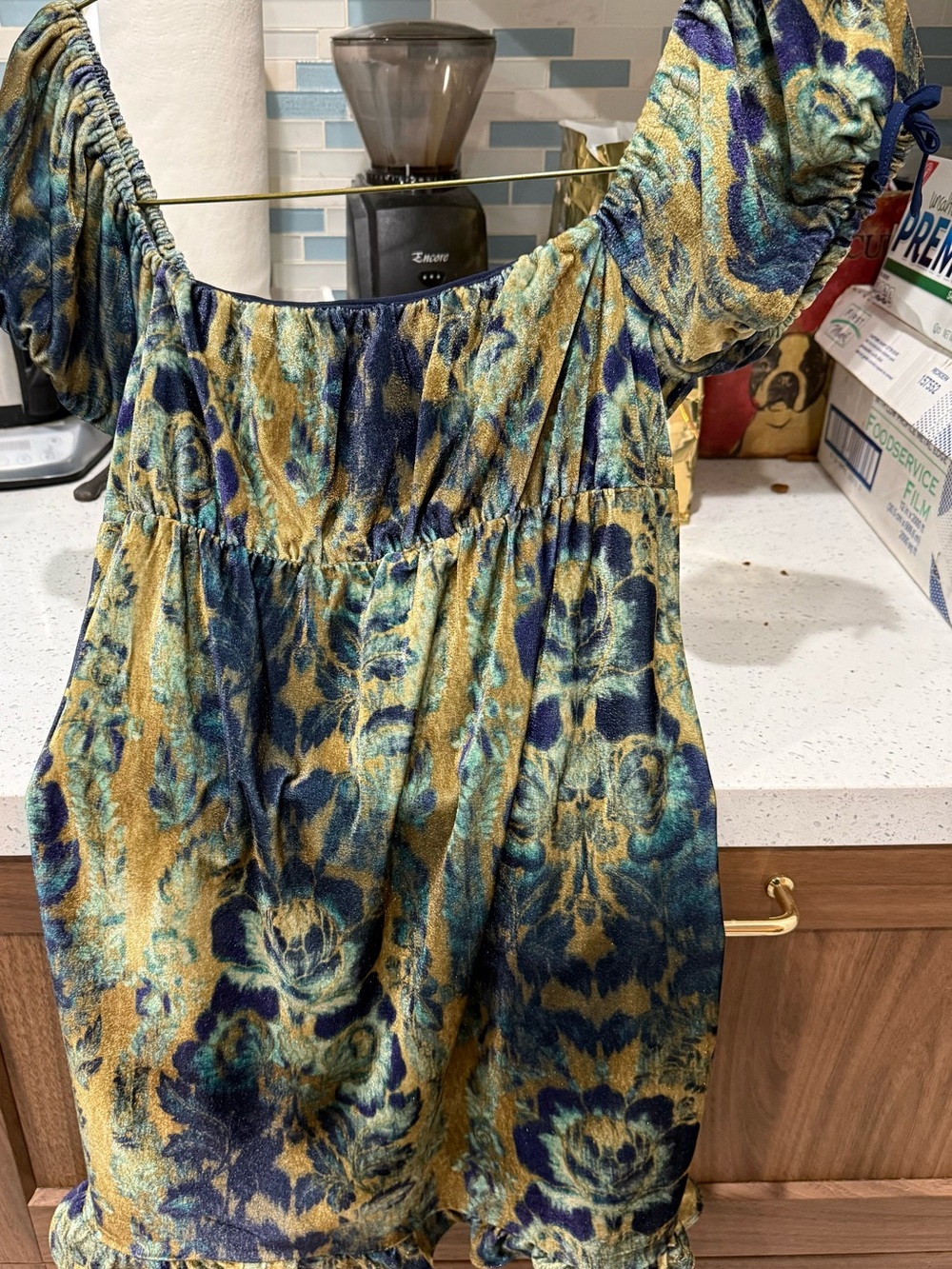 BDG Womens Puff-Sleeve Square Neck Floral Top in Teal & Mustard